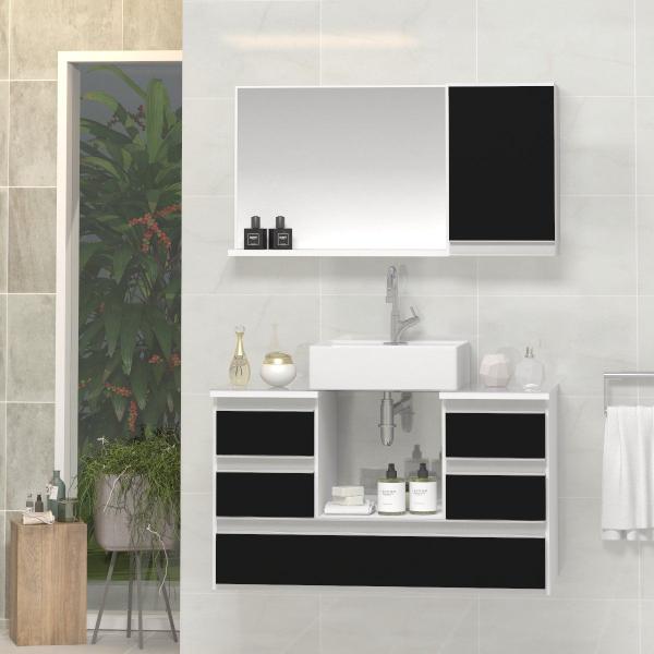 Imagem de Conjunto Gabinete Banheiro POLO 80cm Branco/Preto - Gabinete + Cuba + Espelheira + Tampo Vidro