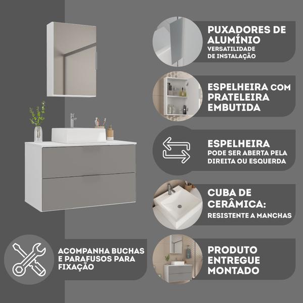 Imagem de Conjunto Gabinete Banheiro RUBI 80cm - Gabinete + Cuba + Espelheira