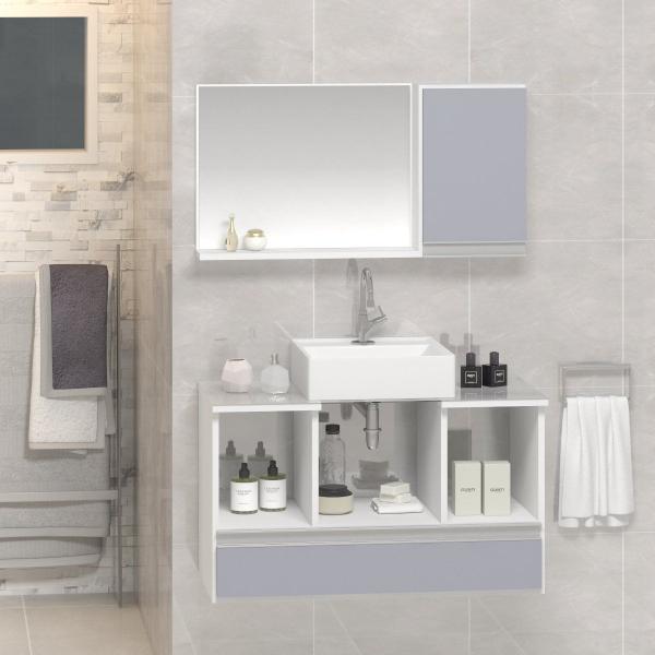 Imagem de Conjunto Gabinete Banheiro VENUS 80cm Branco / Cinza - Gabinete + Cuba + Espelheira + Tampo Vidro