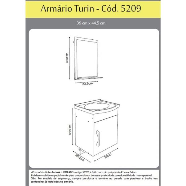 Imagem de Conjunto Gabinete de Banheiro Suspenso 39cm 1 Porta com Cuba e Espelheira Turin