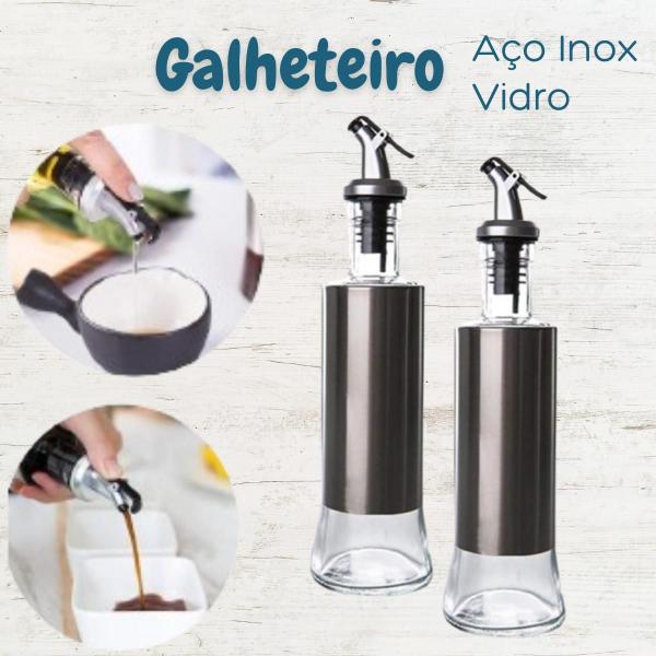 Imagem de Conjunto Galheteiro Em Aço Inox e Vidro 02 Frascos Para Azeite e Vinagre Ambos Com Capacidade de 300 ml Cada Dispenser