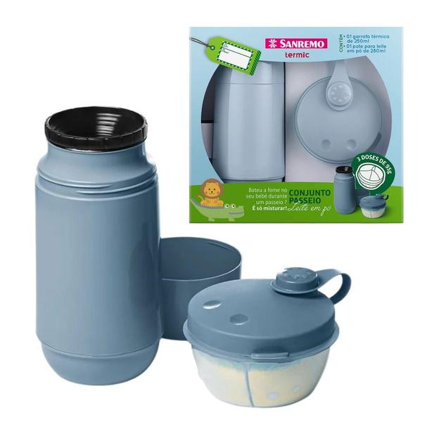 Conjunto Garrafa Térmica 250mL e Pote para Leite em Po 280mL Sanremo SR1001-63 Azul Conjunto Garrafa Térmica 250mL e Pote para Leite em Po 280mL Sanremo SR1001-63 Azul