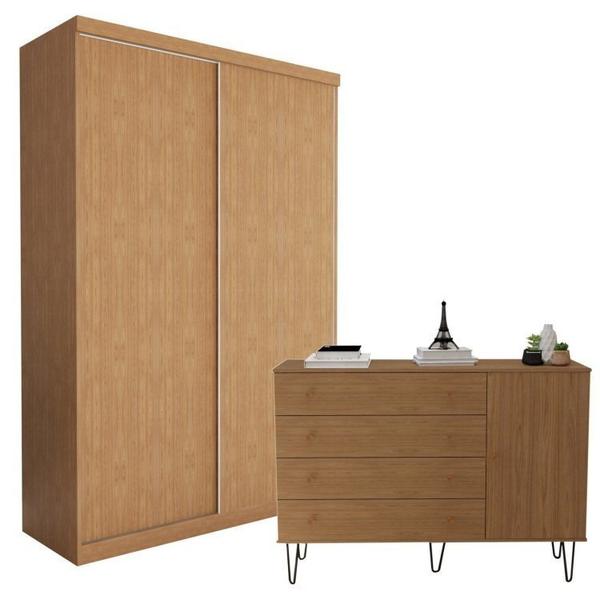 Imagem de Conjunto Guarda Roupa Solteiro Premium 138cm 2 Portas e Cômoda 129,5cm 1 Porta 4 Gavetas Minastex