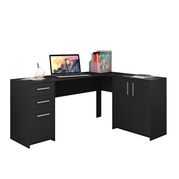 Imagem de Conjunto Home Office 2 Peças 1 Mesa em L 2 Gavetas 3 Portas 1 Armário 2 Portas 2 Prateleiras Espresso Móveis