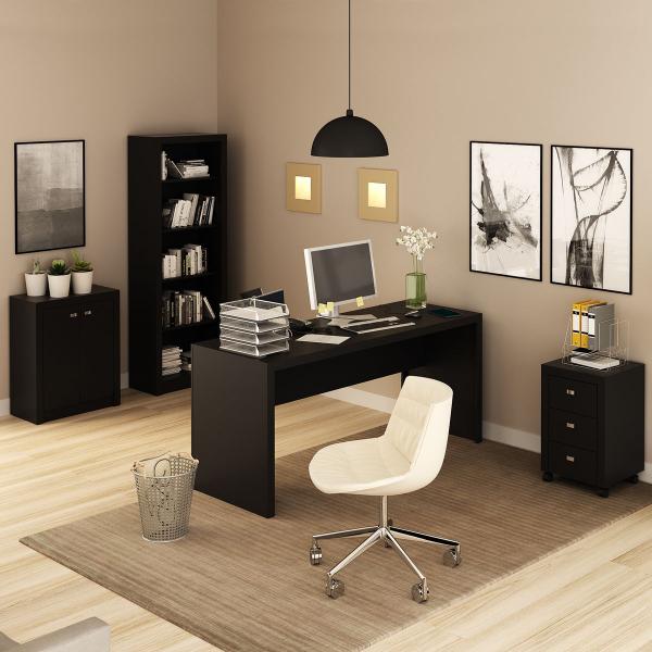 Imagem de Conjunto Home Office 4 Peças com 1 Mesa, 1 Estante, 1 Gaveteiro e 1 Armário para Escritório Preto - Pnr Móveis