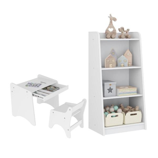 Imagem de Conjunto Infantil 3 Peças 1 Mesa 1 Cadeira com Regulagem 1 Estante Organizadora Movelbras Branco