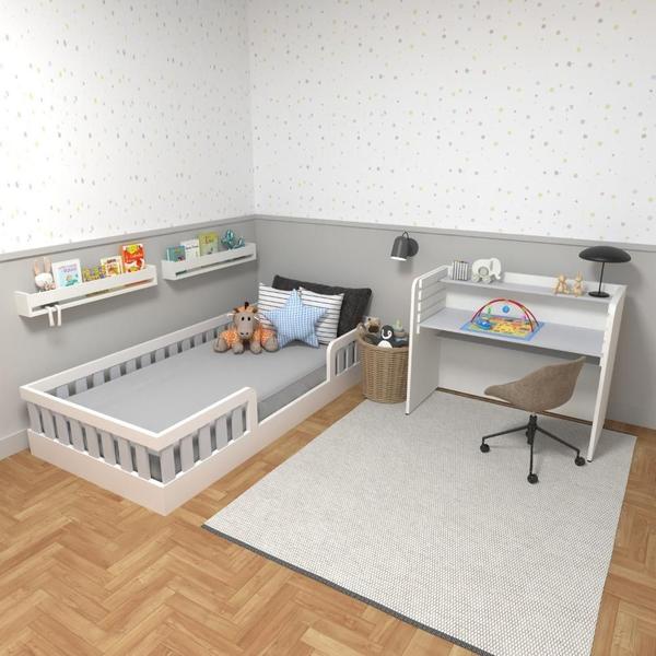 Imagem de Conjunto Infantil de Cama Montessoriana e Escrivaninha com Regulagem de Altura Branco/Cinza Cristal