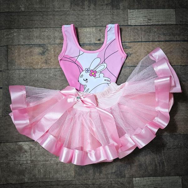 Imagem de Conjunto Infantil Fantasia Carnaval Body e Saia de Tule Estampa Coelho Coelhinho da Páscoa Rosa