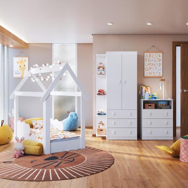 Imagem de Conjunto Infantil  Guarda Roupa com Nichos Cômoda e Cama Montessoriana Branco