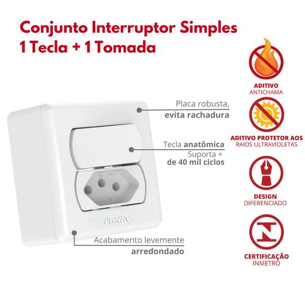 Imagem de Conjunto Interruptor E Tomada Simples 1 Tecla 10A  Branca Durín