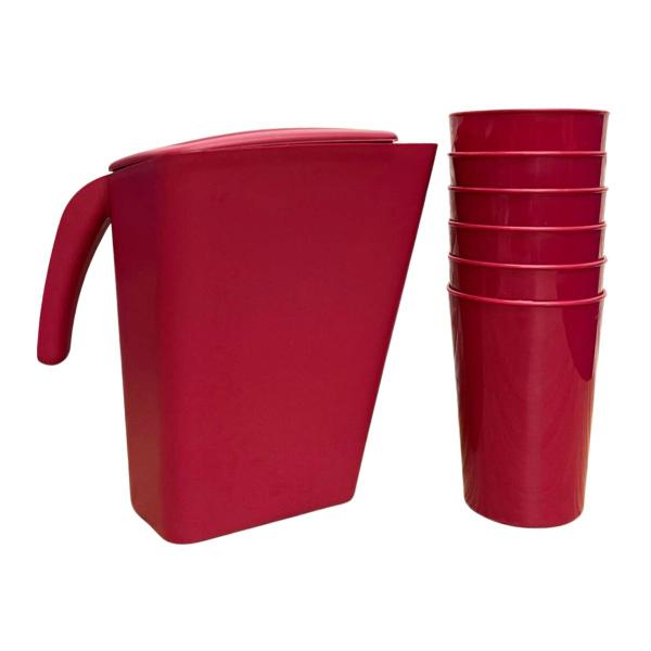 Imagem de Conjunto Jarra De Água Suco Bebidas 2L Com 6 Copos 500ml Resistente Servir Plástico Forty - Vermelho