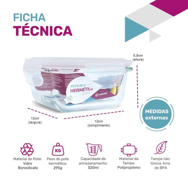 Imagem de Conjunto Jogo 10 Potes Vidro Hermético Tampa Plástico 320ml