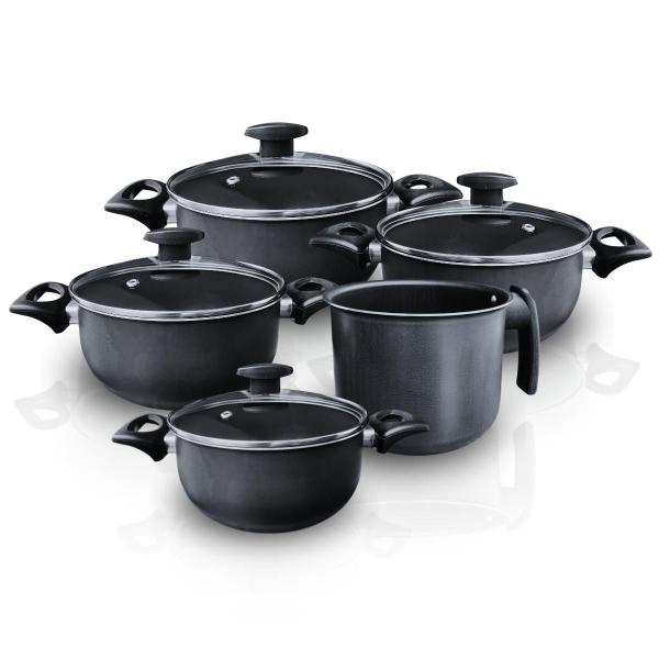 Conjunto jogo panelas caçarola c/ fervedor antiaderente preto tampa vidro  - ALUMÍNIOS POR...
