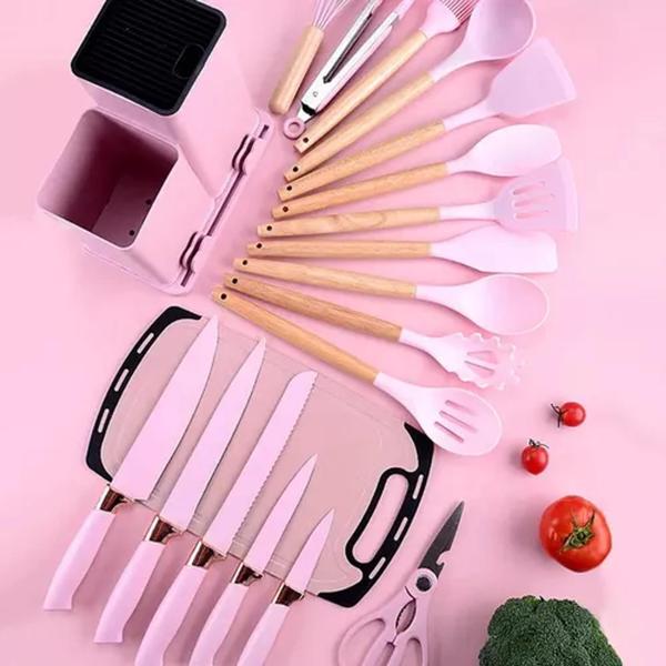 Imagem de Conjunto Kit 18 Utensílios de cozinha, silicone premium resistente ao calor e com cabo de madeira.