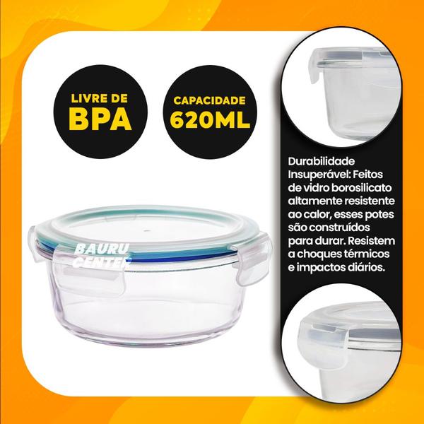 Imagem de Conjunto Kit 3 Potes Vidro Hermético Redondo Marmita Fitness 620ml