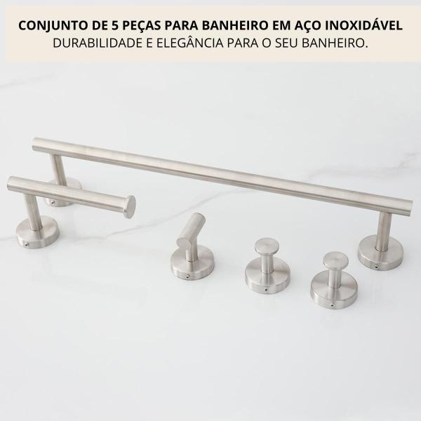 Imagem de Conjunto Kit 5 Acessorios de Banheiro Algarve de Inox Porta Toalha Corpo Rosto Papel Higienico Parafusos e Ganchos Auto adesivos