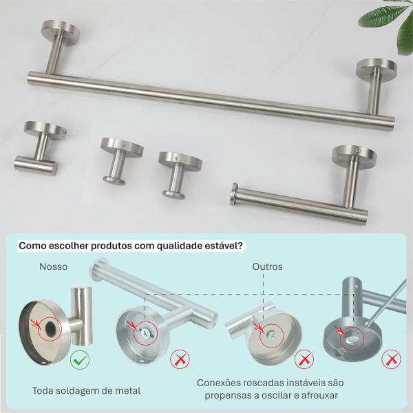 Imagem de Conjunto Kit 5 Acessorios de Banheiro Algarve de Inox Porta Toalha Corpo Rosto Papel Higienico Parafusos e Ganchos Auto adesivos