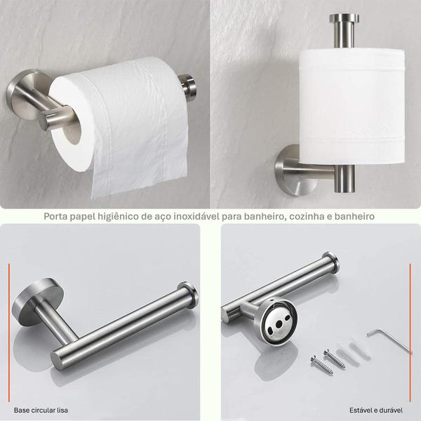 Imagem de Conjunto Kit 5 Acessorios de Banheiro Algarve de Inox Porta Toalha Corpo Rosto Papel Higienico Parafusos e Ganchos Auto adesivos