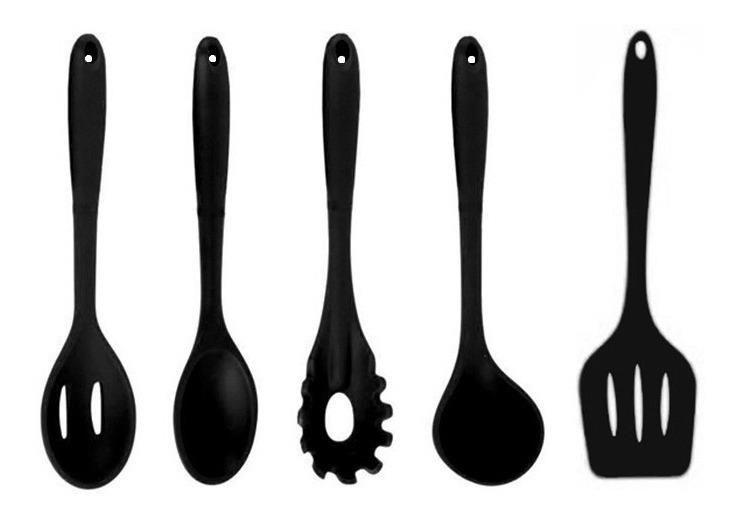 Imagem de Conjunto Kit 5 Colheres Utensílios De Silicone Preto Maciço Cozinha