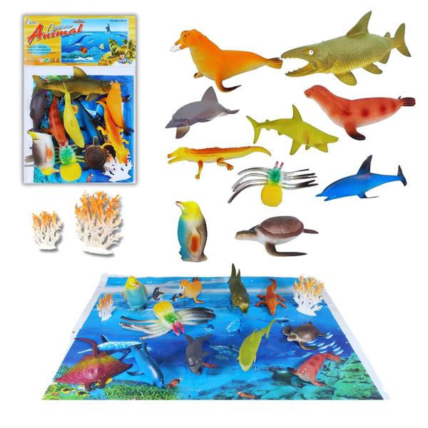 Imagem de Conjunto Kit Animais Oceano Fundo do Mar e Cenário  - Brinquedo Praia Piscina Banho Divertido