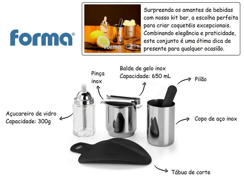 Imagem de Conjunto Kit Bar Drinks Caipirinha 6 Peças Balde Gelo Pinça Copo Inox Tabua De Corte Festa