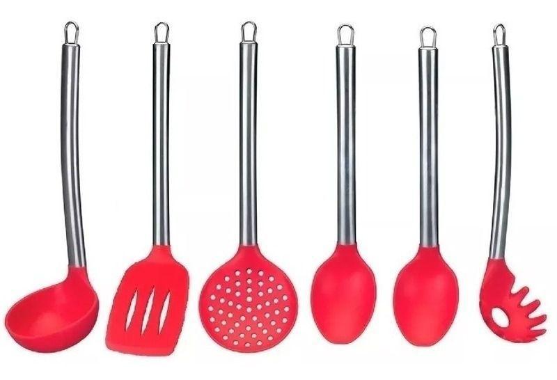 Imagem de Conjunto Kit Colheres De Silicone Cabo Inox Utensílios Vermelho 11 peças