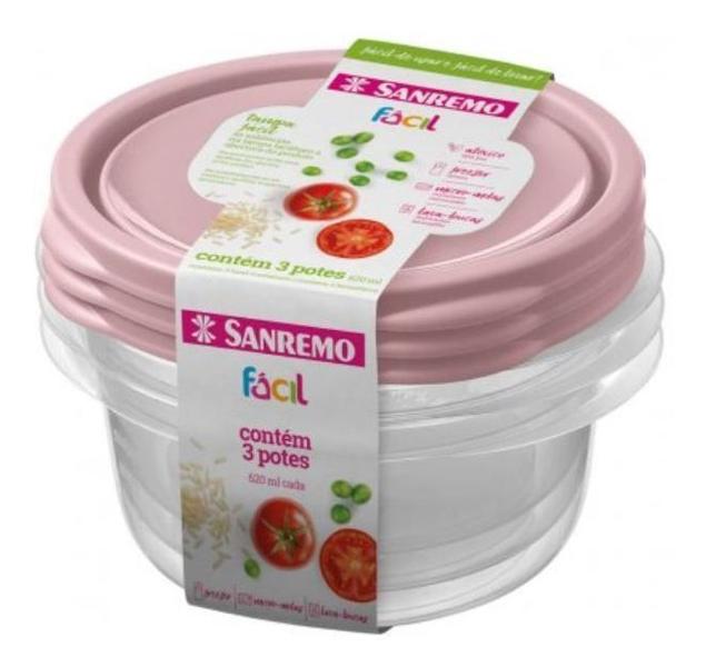 Imagem de Conjunto Kit Com 3 Potes Redondos Herméticos De Plastico 620ml Verde ou Rosa Sanremo