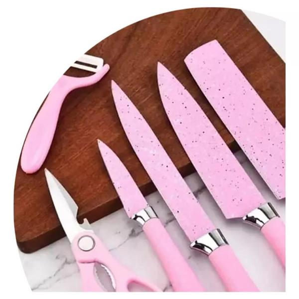 Imagem de Conjunto Kit Jogo De Facas Tesoura Cozinha Churrasco Chef 6pcs Aço Inox Color Rosa Ke Home