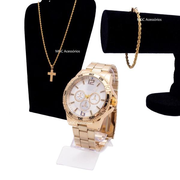 Imagem de Conjunto Kit Relógio Masculino Metal + Corrente Cruz e Pulseira Dourado