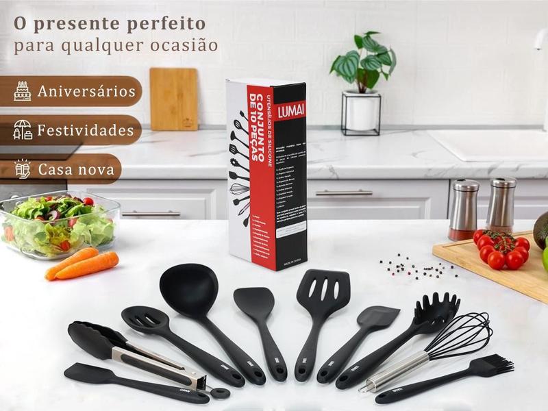 Imagem de Conjunto Kit Utensílios De Cozinha Silicone Inox - Jogo de Utensilio 10 peças Colheres Espatulas Conchas Pegadores Balde LUMAI