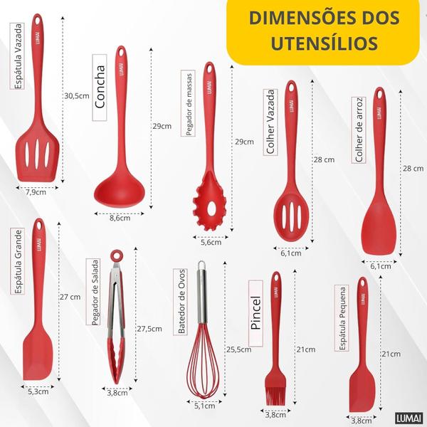 Imagem de Conjunto Kit Utensílios De Cozinha Silicone Inox - Jogo de Utensilio 10 peças Colheres Espatulas Conchas Pegadores LUMAI