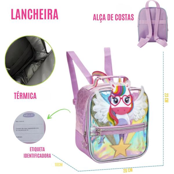 Imagem de Conjunto Lancheira Térmica + Estojo Escolar Material Aulas Passeio Viagem Criança Infantil Menina Resistente Personagem Colorido Compartimentos