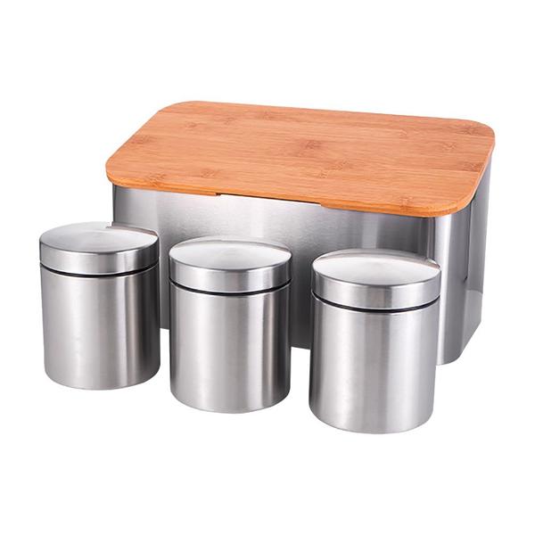 Imagem de Conjunto Latas Inox Porta Pão Tampa Bambu 3 Potes Inox Mimo