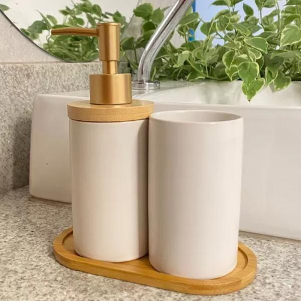 Imagem de Conjunto Lavabo Banheiro 3 Peças Bambu Saboneteira Líquida