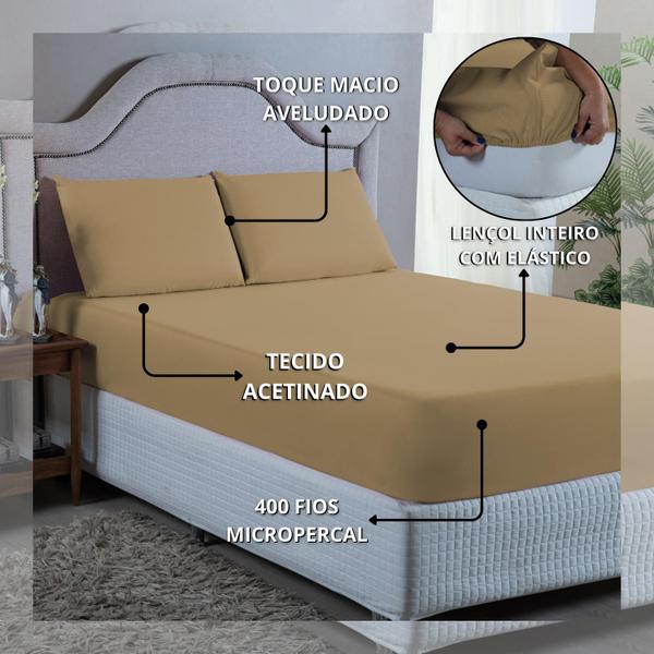 Imagem de Conjunto Lençol Cama Casal 3 Peças 400 Fios com Elástico e Fronhas Toque Macio