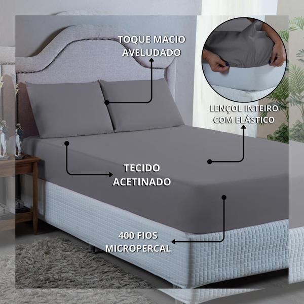 Imagem de Conjunto Lençol Cama King Size 3 Peças 400 Fios com Elástico e Fronhas Toque Macio