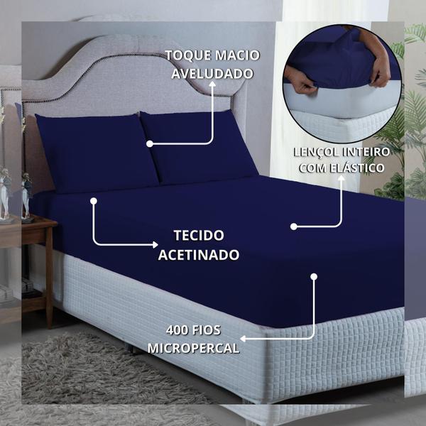 Imagem de Conjunto Lençol Cama King Size 4 Peças 400 Fios com Elástico e Fronhas Toque Macio