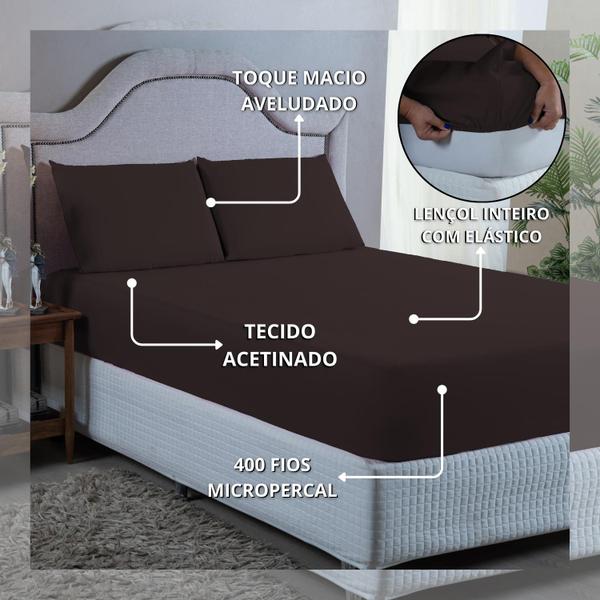 Imagem de Conjunto Lençol Cama Queen 4 Peças 400 Fios com Elástico e Fronhas Toque Macio