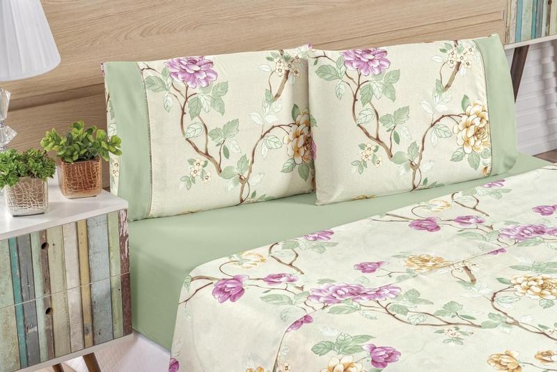 Imagem de Conjunto Lençol Casal King Size Floral 200 fios - Belle