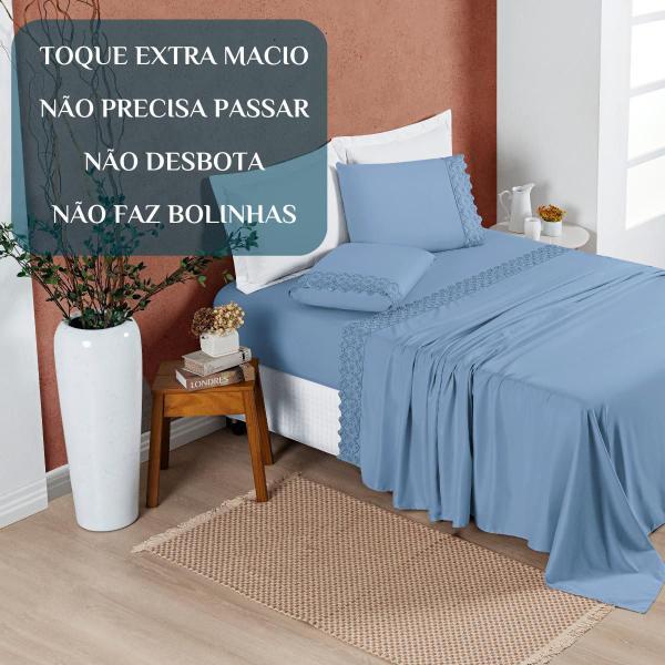 Imagem de Conjunto Lencol Casal Super King London Bordado Inglês 200