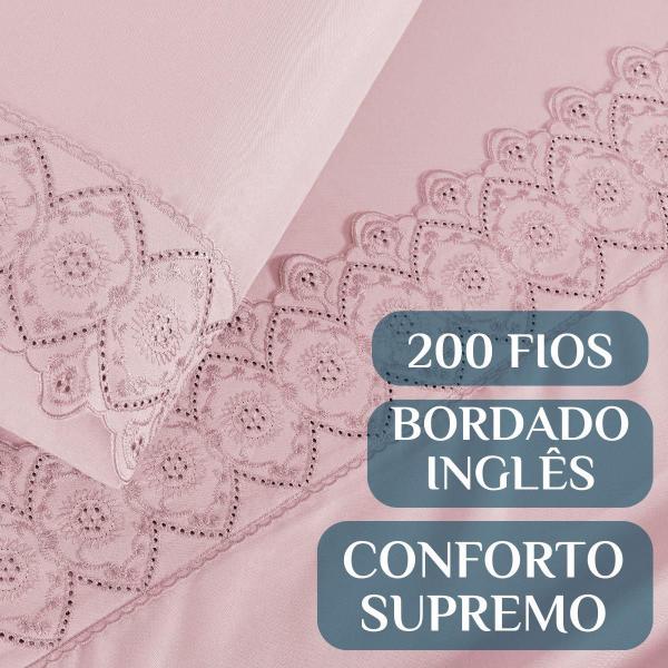 Imagem de Conjunto Lencol Casal Super King London Bordado Inglês 200