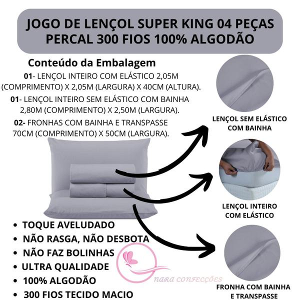 Imagem de Conjunto Lençol King Size 04 Peças 300 Fios Percal 100% Algodão Com Elástico Tecido Macio e Grosso