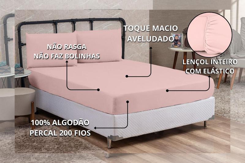 Imagem de Conjunto Lençol King Size Percal 200 Fios 3 peças Algodão Toque Macio