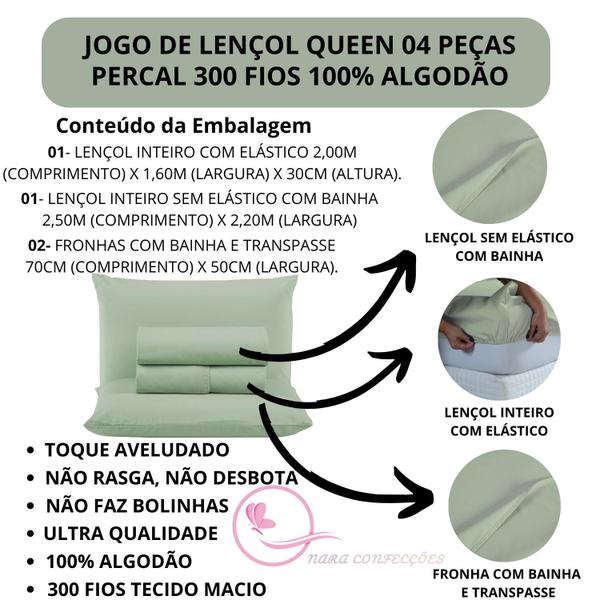 Imagem de Conjunto Lençol Queen 04 Peças 300 Fios Percal 100% Algodão com Elástico Tecido Macio e Grosso