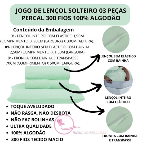 Imagem de Conjunto Lençol Solteiro 03 Peças 300 Fios Percal 100% Algodão com Elástico Tecido Macio e Grosso