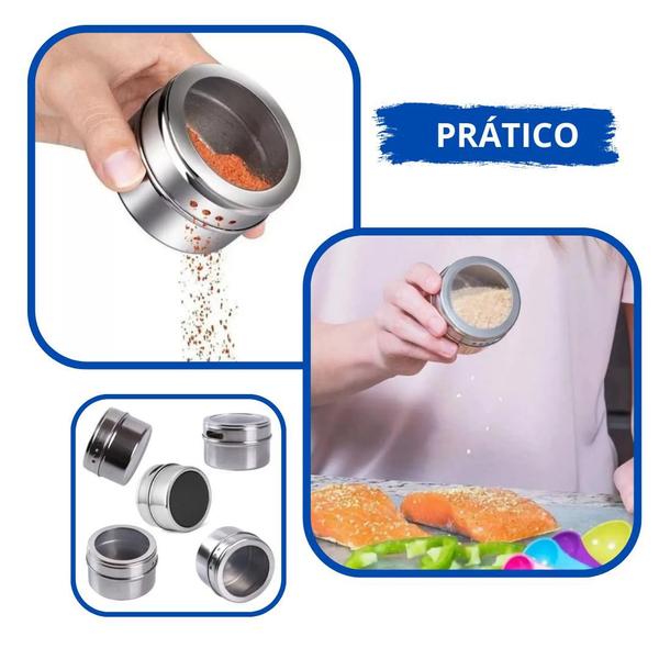 Imagem de Conjunto Magnético de 9 Potinhos de Inox para Condimentos: Estilo na Geladeira e Praticidade à Mão