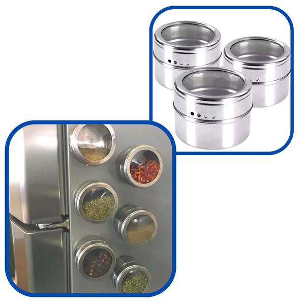 Imagem de Conjunto Magnético de 9 Potinhos de Inox para Condimentos: Estilo na Geladeira e Praticidade à Mão