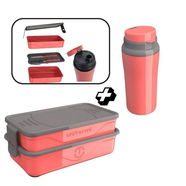 Imagem de Conjunto Marmita Marmitex Com Divisórias e Talheres Inox Rosa + Copo Térmico 650ml Rosa