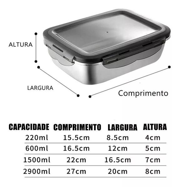 Imagem de Conjunto Marmita Potes de Aço Inoxidável 304 C/ Tampa de Vedação - KIT 4 POTES AÇO