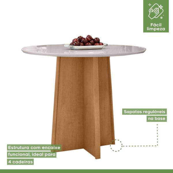 Imagem de Conjunto Mesa 100cm Celebrare com Vidro Redonda e 4 Cadeiras Apogeu Amêndoa Clean/Off White/Naturale Creme